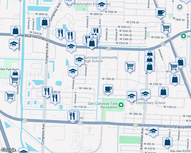 map of restaurants, bars, coffee shops, grocery stores, and more near 1504 West 16th Street in Riviera Beach