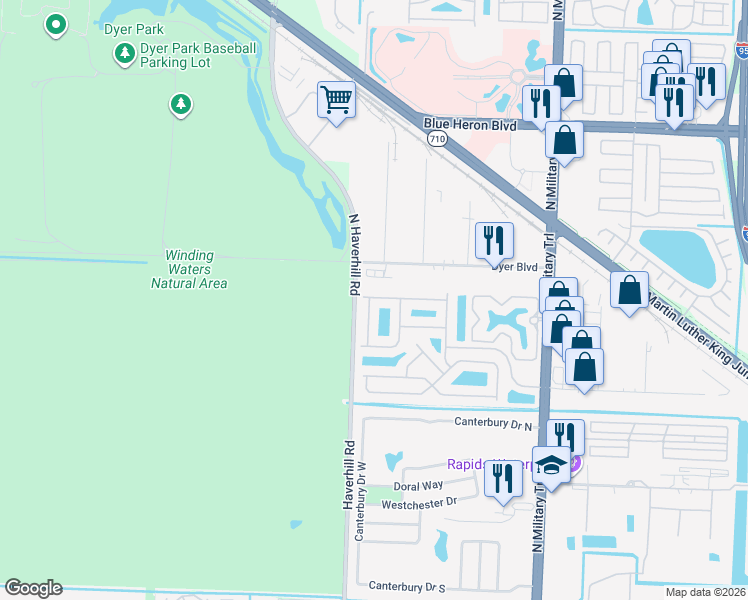map of restaurants, bars, coffee shops, grocery stores, and more near 9604 Lily Bank Court in Riviera Beach