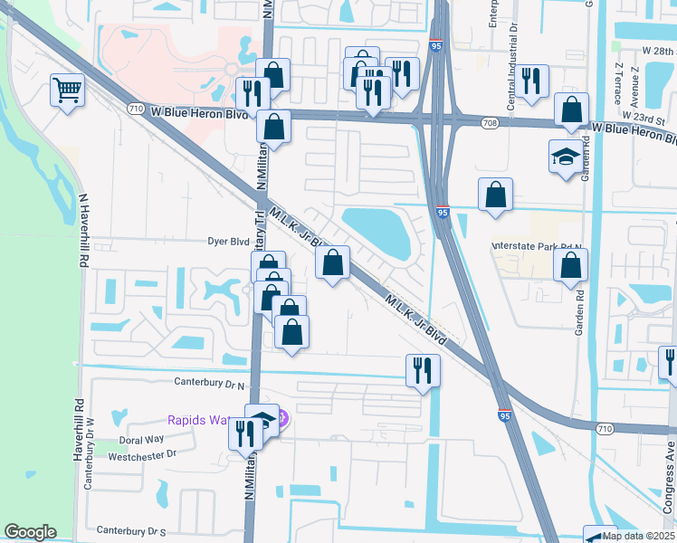 map of restaurants, bars, coffee shops, grocery stores, and more near 6780 White Drive in Riviera Beach