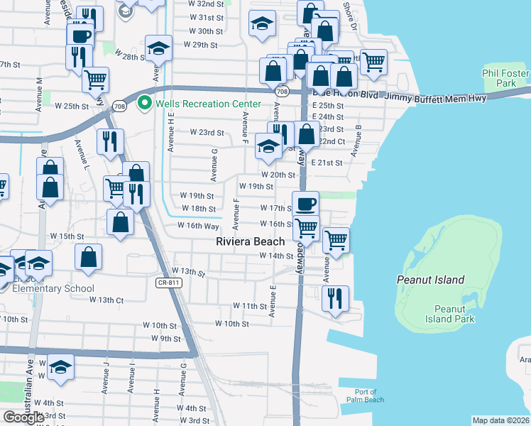 map of restaurants, bars, coffee shops, grocery stores, and more near 125 West 17th Street in Riviera Beach