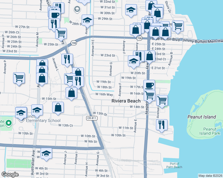 map of restaurants, bars, coffee shops, grocery stores, and more near 1541 Avenue F in Riviera Beach