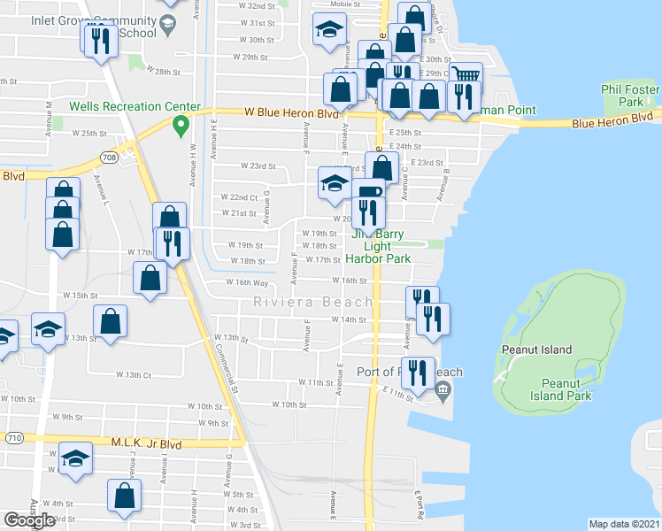 map of restaurants, bars, coffee shops, grocery stores, and more near 1550 Avenue C in Riviera Beach