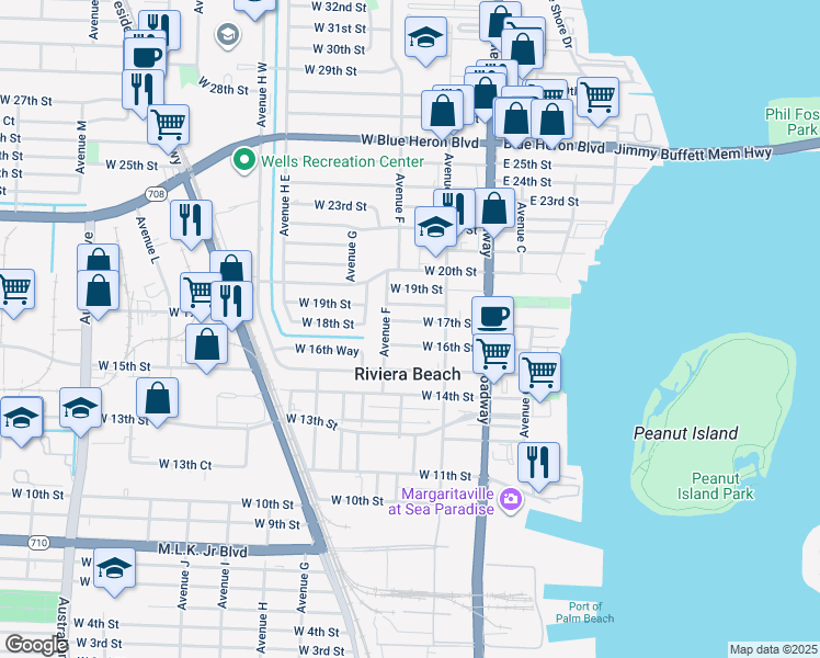 map of restaurants, bars, coffee shops, grocery stores, and more near 172 West 16th Street in West Palm Beach