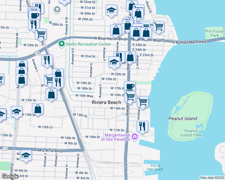 map of restaurants, bars, coffee shops, grocery stores, and more near 125 W 17th St in Riviera Beach