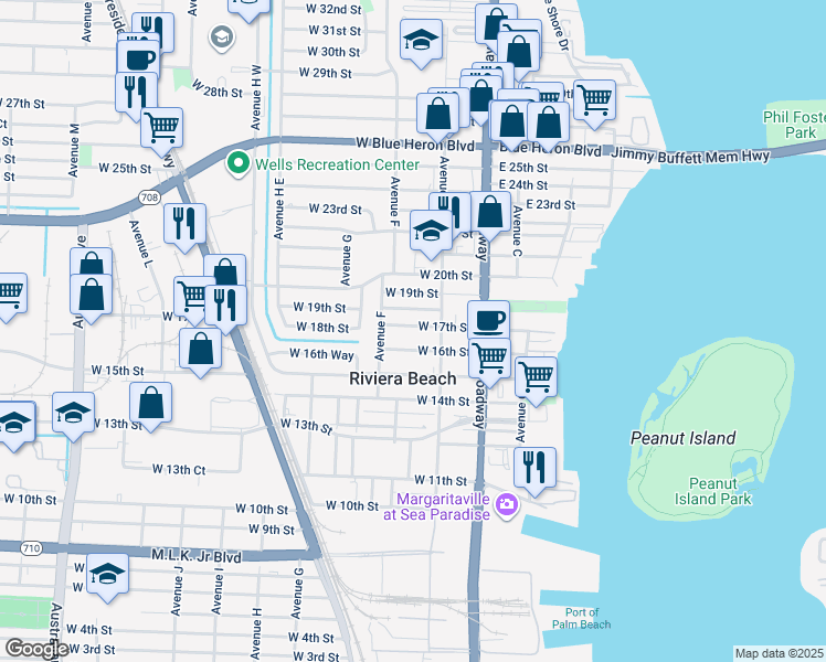map of restaurants, bars, coffee shops, grocery stores, and more near 172 West 16th Street in West Palm Beach