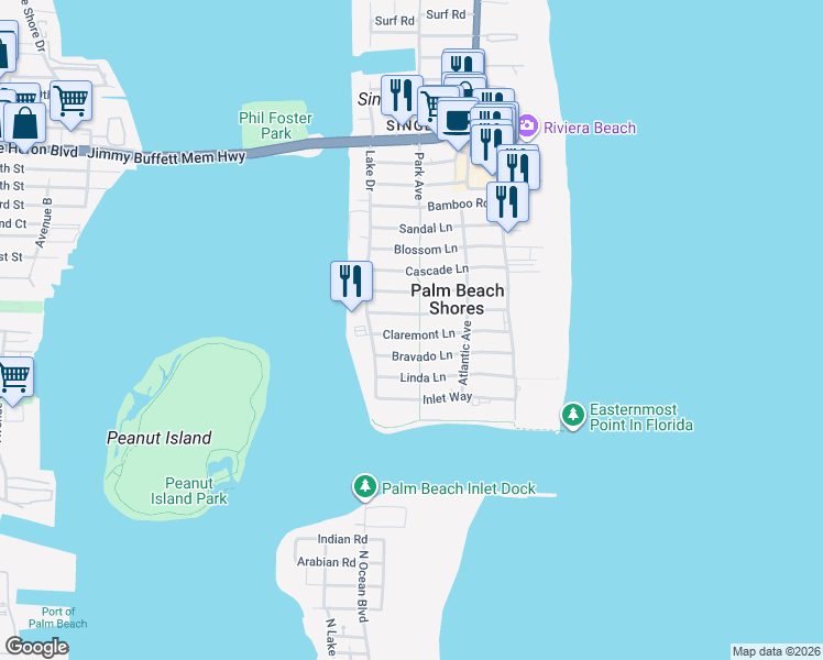 map of restaurants, bars, coffee shops, grocery stores, and more near 236 Claremont Lane in West Palm Beach