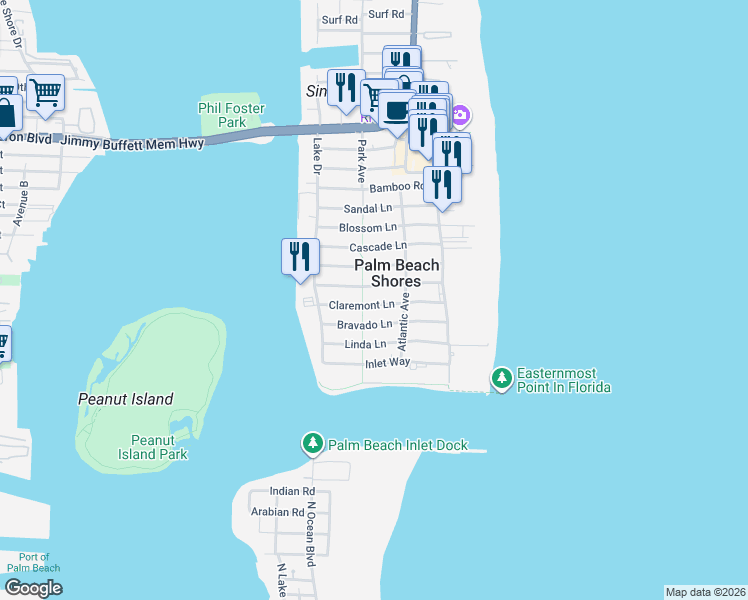 map of restaurants, bars, coffee shops, grocery stores, and more near 236 Claremont Lane in West Palm Beach