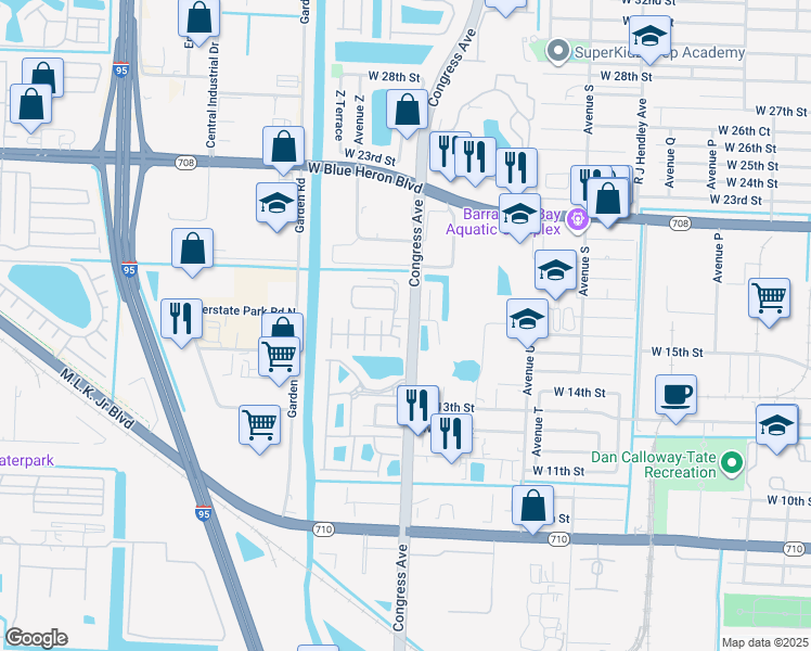 map of restaurants, bars, coffee shops, grocery stores, and more near 1931 West 16th Court in Riviera Beach