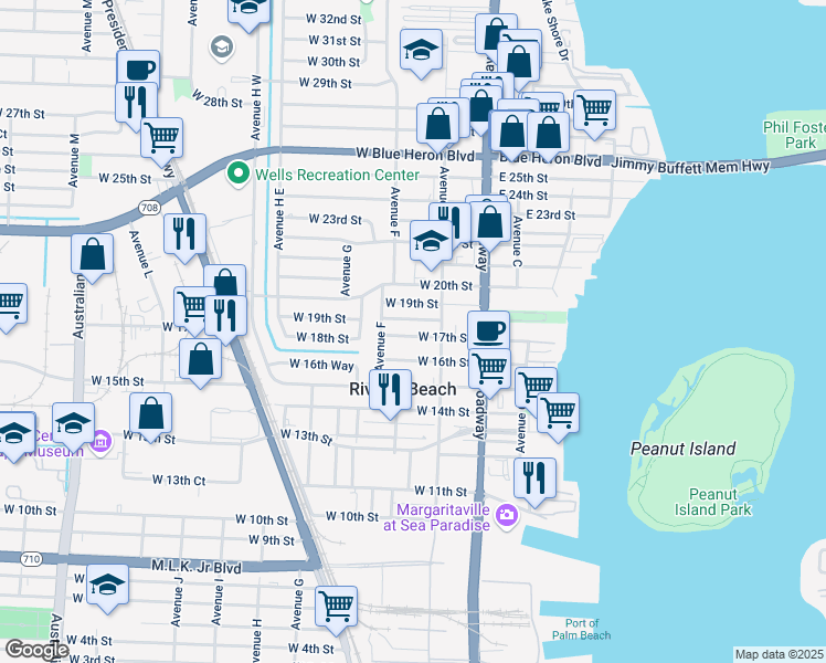 map of restaurants, bars, coffee shops, grocery stores, and more near 166 West 18th Street in West Palm Beach
