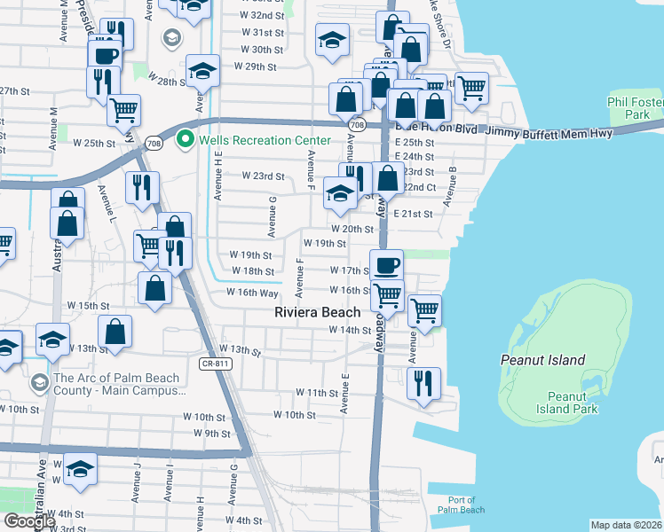 map of restaurants, bars, coffee shops, grocery stores, and more near 166 West 18th Street in West Palm Beach