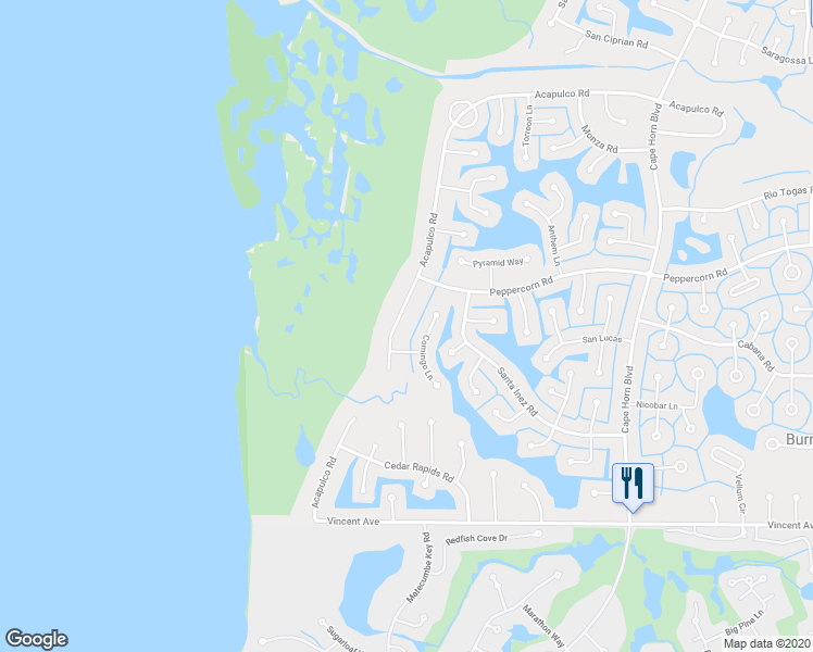 map of restaurants, bars, coffee shops, grocery stores, and more near 17258 Acapulco Road in Punta Gorda