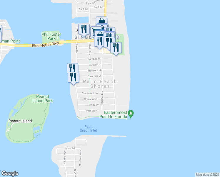 map of restaurants, bars, coffee shops, grocery stores, and more near 107 Tacoma Lane in West Palm Beach