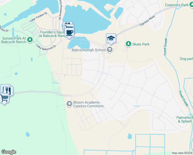 map of restaurants, bars, coffee shops, grocery stores, and more near 17449 Silverspur Drive in Punta Gorda
