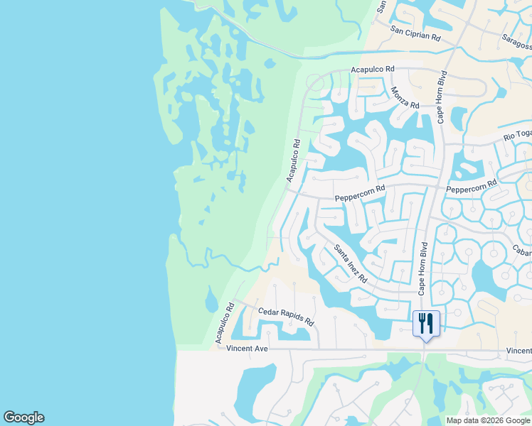 map of restaurants, bars, coffee shops, grocery stores, and more near 17269 Acapulco Road in Punta Gorda