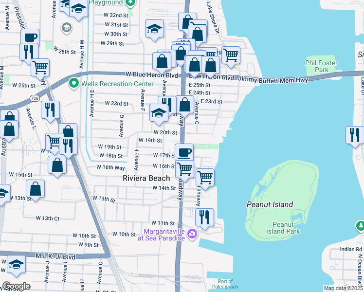 map of restaurants, bars, coffee shops, grocery stores, and more near 1720 Broadway Avenue in Riviera Beach