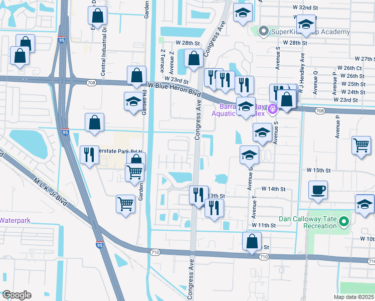 map of restaurants, bars, coffee shops, grocery stores, and more near 1931 West 16th Court in Riviera Beach