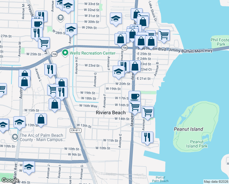 map of restaurants, bars, coffee shops, grocery stores, and more near 166 West 18th Street in West Palm Beach