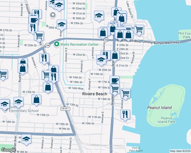 map of restaurants, bars, coffee shops, grocery stores, and more near 166 West 18th Street in West Palm Beach