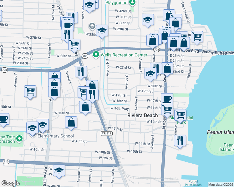 map of restaurants, bars, coffee shops, grocery stores, and more near 310 West 19th Street in West Palm Beach