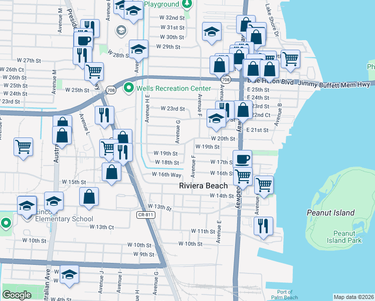 map of restaurants, bars, coffee shops, grocery stores, and more near 1910 Avenue G in West Palm Beach
