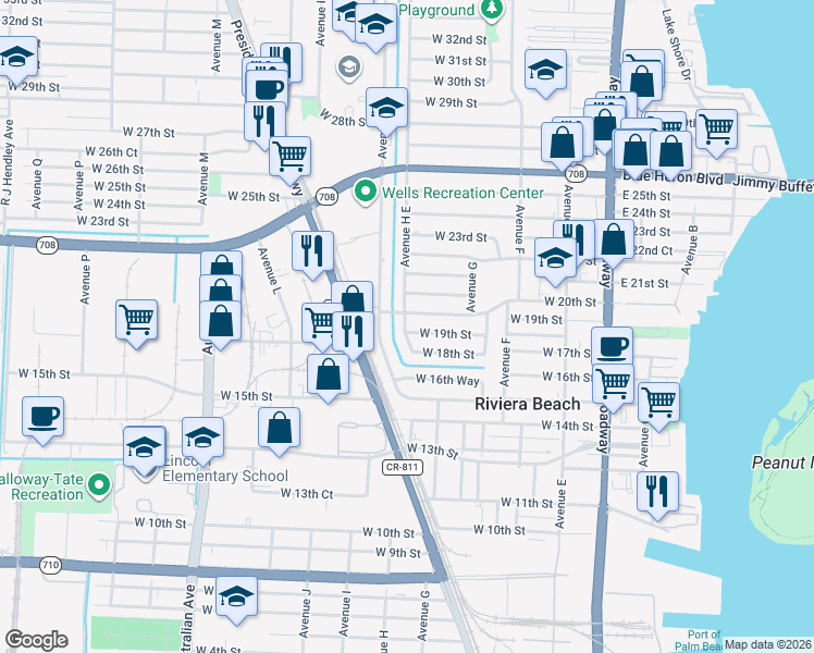 map of restaurants, bars, coffee shops, grocery stores, and more near 380 West 19th Street in Riviera Beach