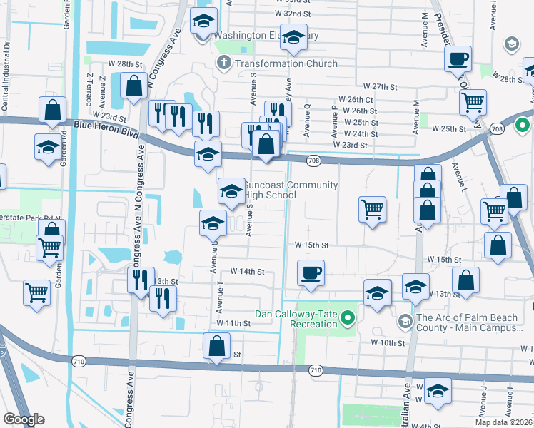 map of restaurants, bars, coffee shops, grocery stores, and more near 1549 West 19th Street in West Palm Beach