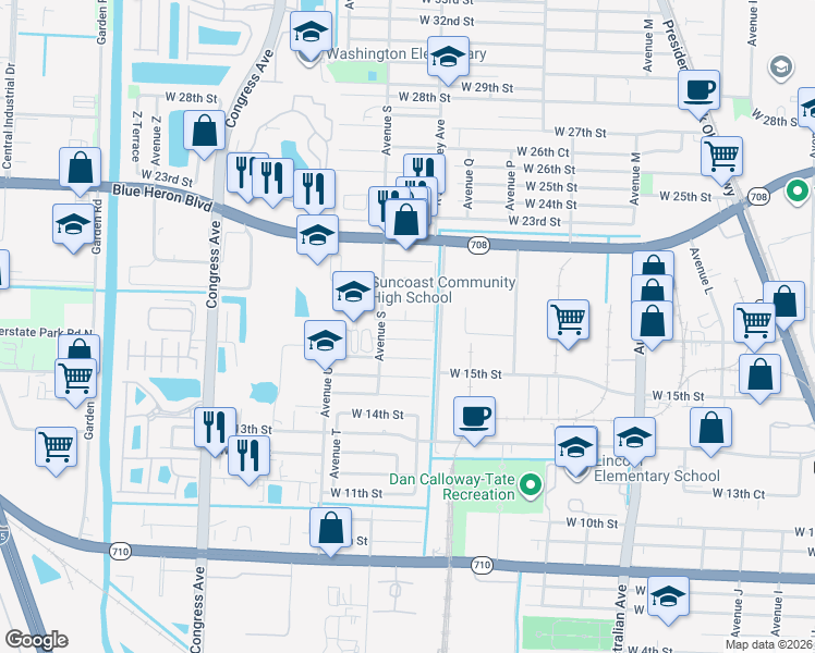 map of restaurants, bars, coffee shops, grocery stores, and more near 1549 West 19th Street in West Palm Beach