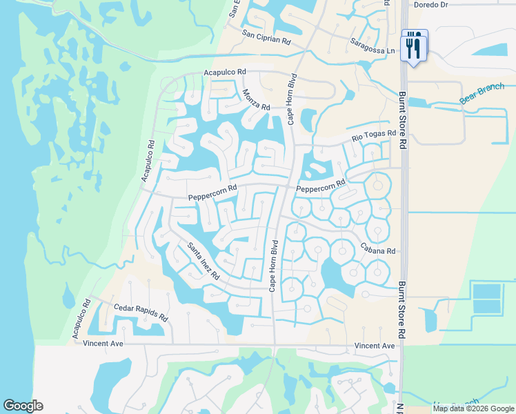 map of restaurants, bars, coffee shops, grocery stores, and more near 17263 Tampico Lane in Punta Gorda
