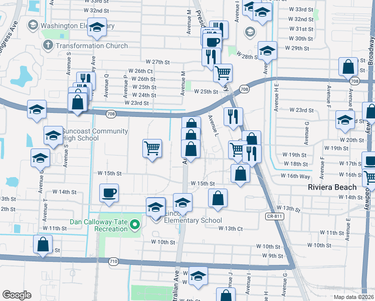 map of restaurants, bars, coffee shops, grocery stores, and more near 1700 Australian Ave in Riviera Beach