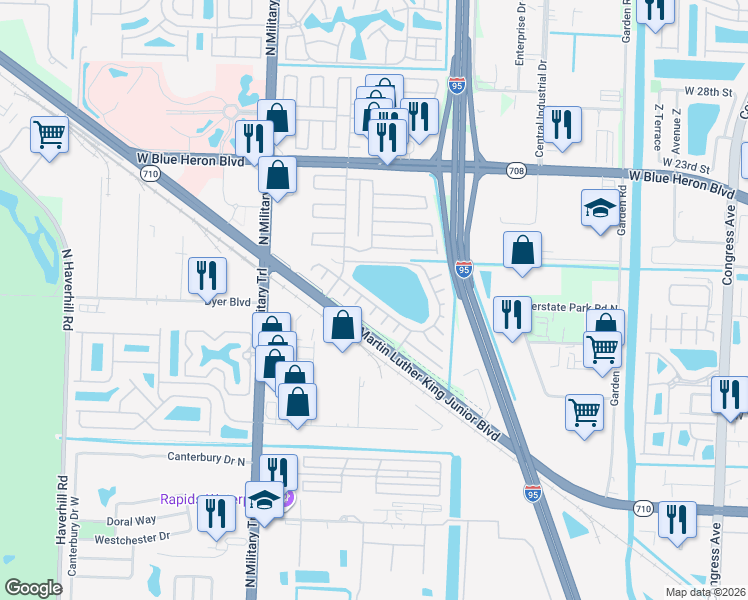 map of restaurants, bars, coffee shops, grocery stores, and more near 6896 42nd Drive North in Riviera Beach
