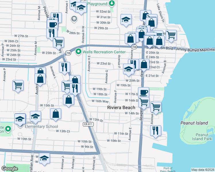 map of restaurants, bars, coffee shops, grocery stores, and more near 1910 Avenue G in West Palm Beach