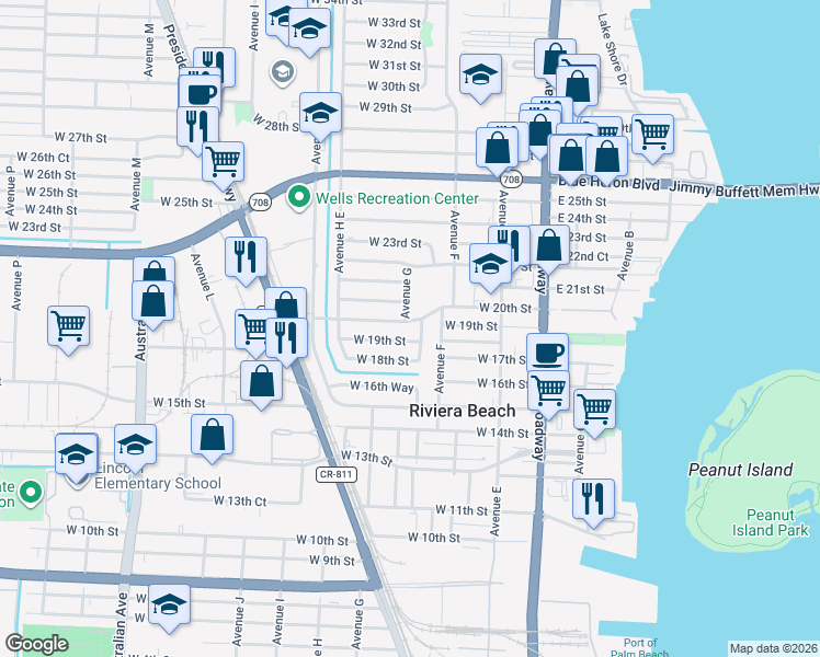 map of restaurants, bars, coffee shops, grocery stores, and more near 1910 Avenue G in West Palm Beach
