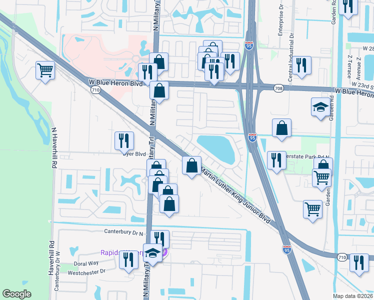 map of restaurants, bars, coffee shops, grocery stores, and more near 6914 42nd Way North in Riviera Beach