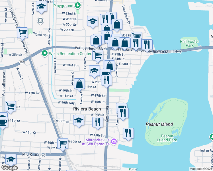 map of restaurants, bars, coffee shops, grocery stores, and more near 1720 Broadway Avenue in Riviera Beach
