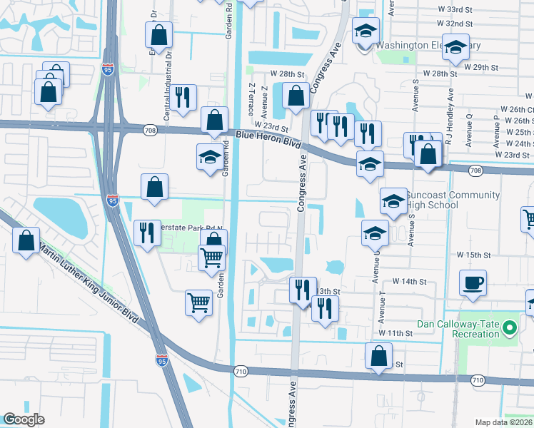 map of restaurants, bars, coffee shops, grocery stores, and more near 2003 West 17th Court in West Palm Beach