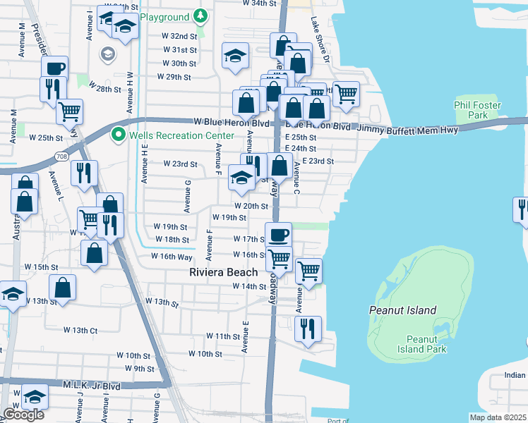 map of restaurants, bars, coffee shops, grocery stores, and more near 1720 Broadway Avenue in Riviera Beach