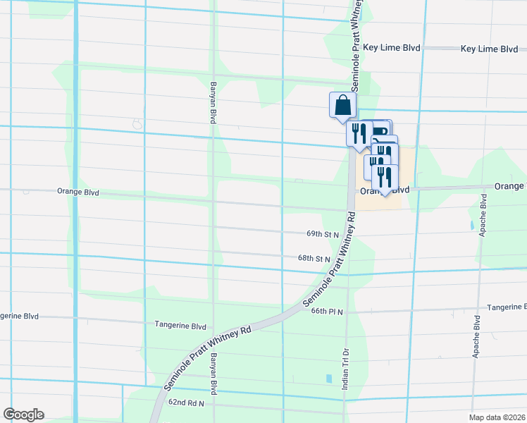 map of restaurants, bars, coffee shops, grocery stores, and more near 16279 Orange Boulevard in Loxahatchee