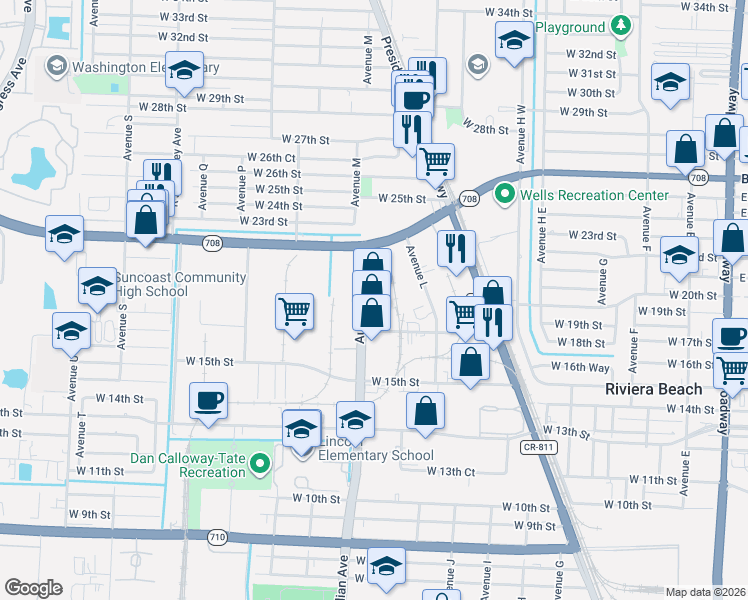 map of restaurants, bars, coffee shops, grocery stores, and more near 1748 Australian Avenue in Riviera Beach