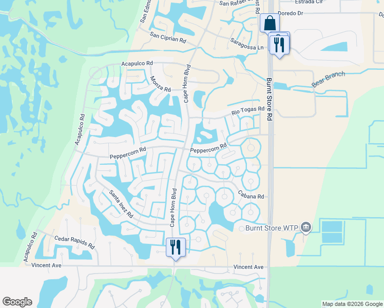 map of restaurants, bars, coffee shops, grocery stores, and more near 24346 Peppercorn Road in Punta Gorda