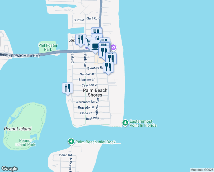 map of restaurants, bars, coffee shops, grocery stores, and more near 111 Cascade Lane in West Palm Beach