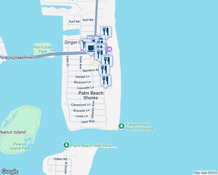 map of restaurants, bars, coffee shops, grocery stores, and more near 145 South Ocean Avenue in Palm Beach Shores