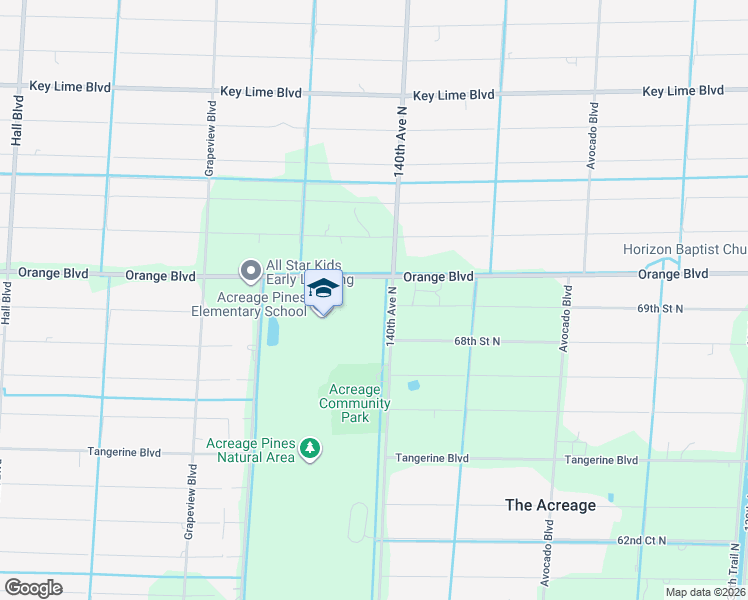 map of restaurants, bars, coffee shops, grocery stores, and more near 14048 Orange Boulevard in The Acreage
