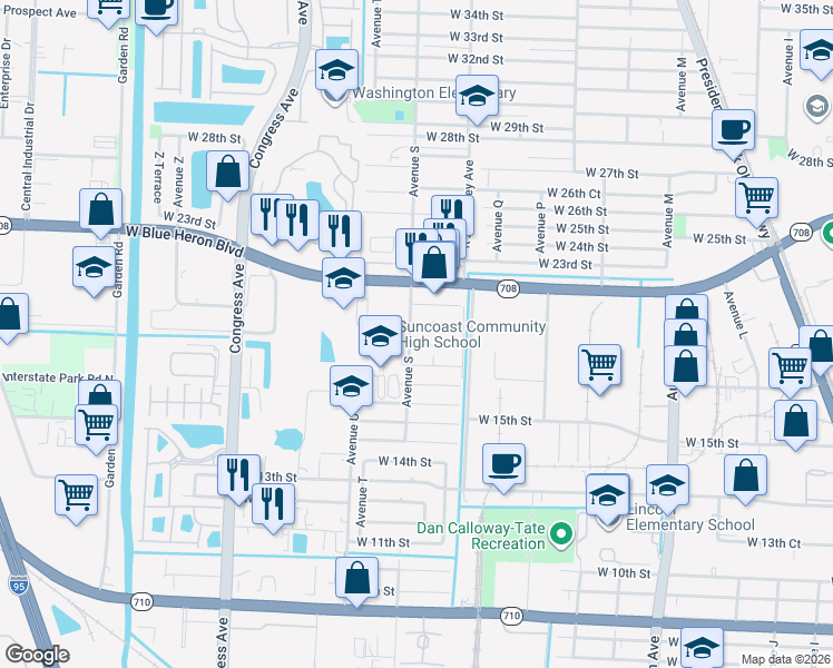 map of restaurants, bars, coffee shops, grocery stores, and more near 1571 West 21st Street in Riviera Beach