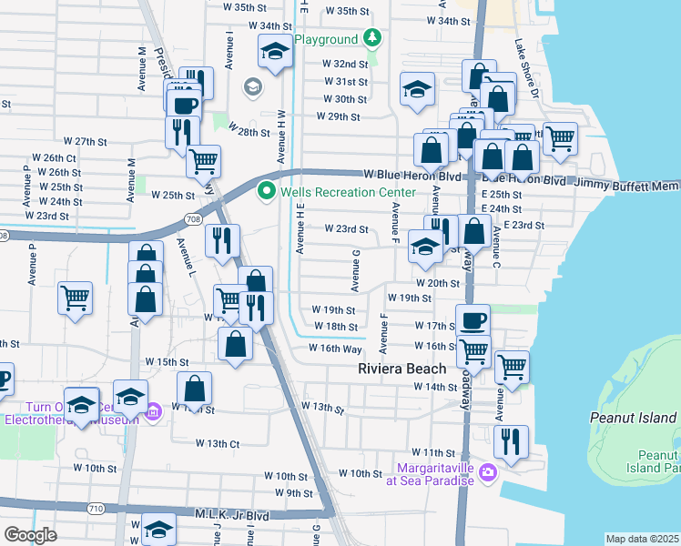 map of restaurants, bars, coffee shops, grocery stores, and more near 320 West 21st Street in West Palm Beach
