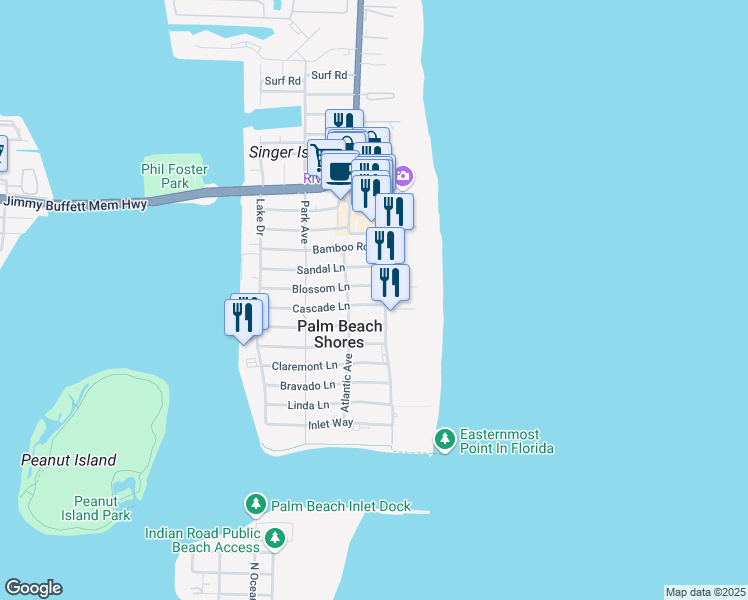 map of restaurants, bars, coffee shops, grocery stores, and more near 111 Cascade Lane in West Palm Beach