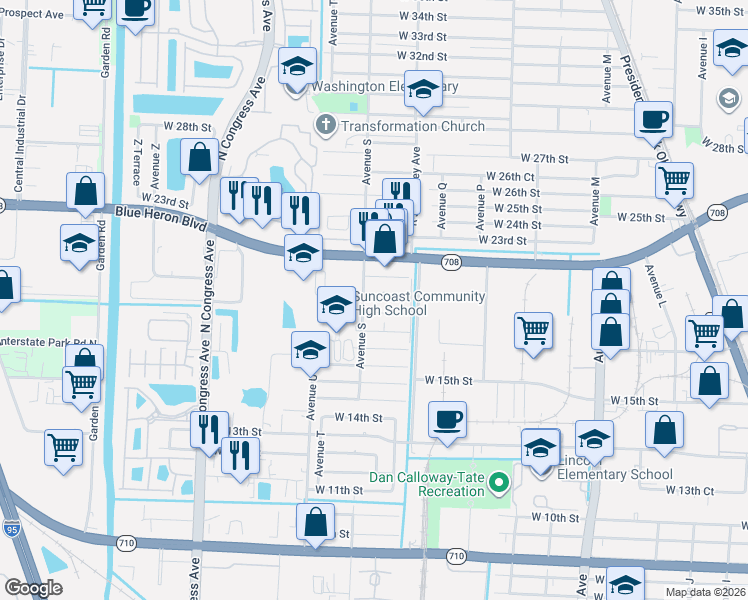map of restaurants, bars, coffee shops, grocery stores, and more near 1571 West 21st Street in Riviera Beach