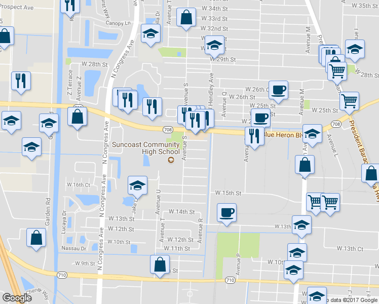 map of restaurants, bars, coffee shops, grocery stores, and more near 1571 West 21st Street in Riviera Beach