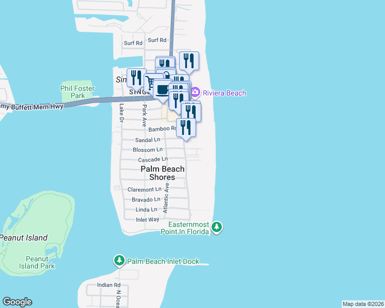 map of restaurants, bars, coffee shops, grocery stores, and more near 145 South Ocean Avenue in Palm Beach Shores