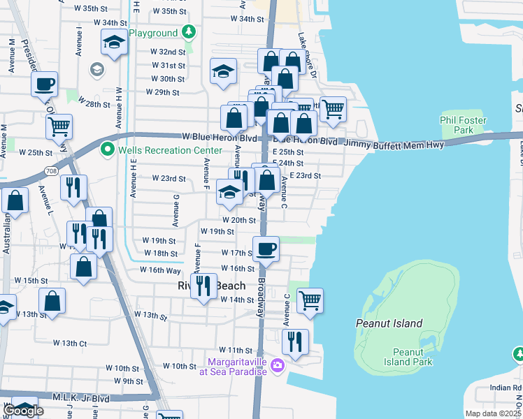map of restaurants, bars, coffee shops, grocery stores, and more near 809 West 21st Street in Riviera Beach