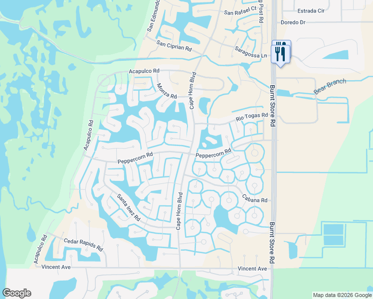 map of restaurants, bars, coffee shops, grocery stores, and more near 24292 Peppercorn Road in Punta Gorda